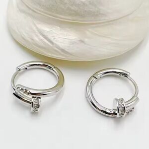 Nail  Silver Hoop Crystal Earrings